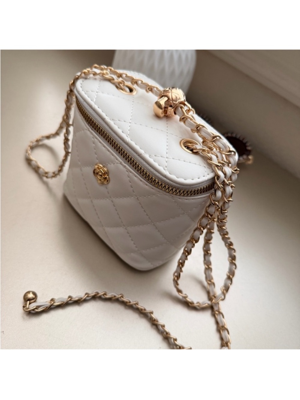New White mini Quilted camellia style Crossbody Bag with Gold Chain